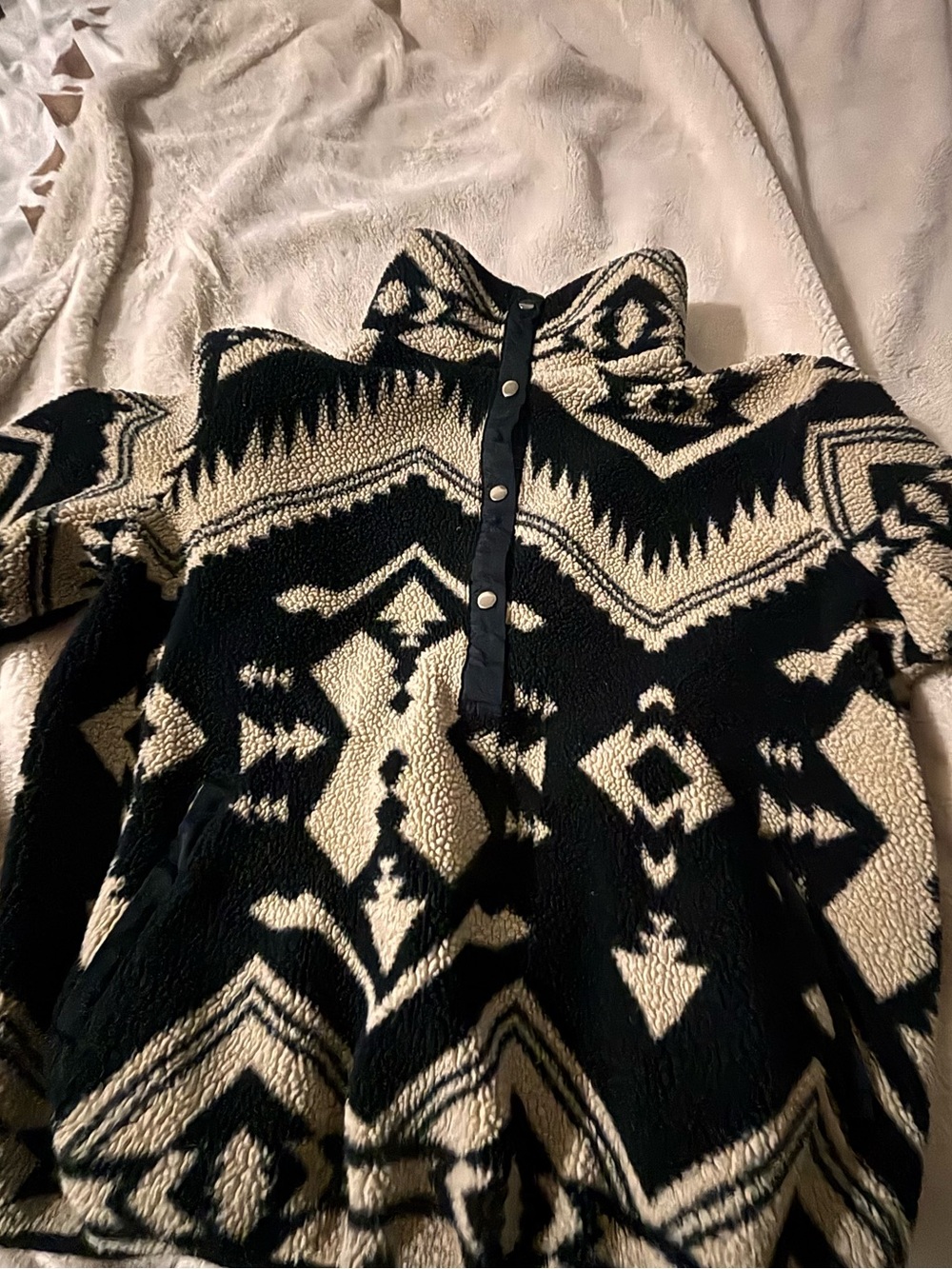 Women's Black and Cream Aztec Sherpa Pullover Button-Up